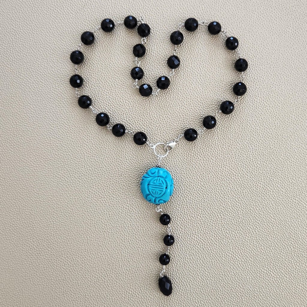 Black Onyx Necklace W Carved Bead-18 98$